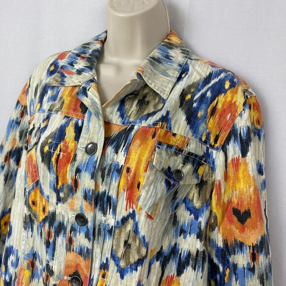 Chicos Jacket 2 Linen Blend Southwestern Aztec Trucker Art to Wear Colorful M L - Picture 2 of 14
